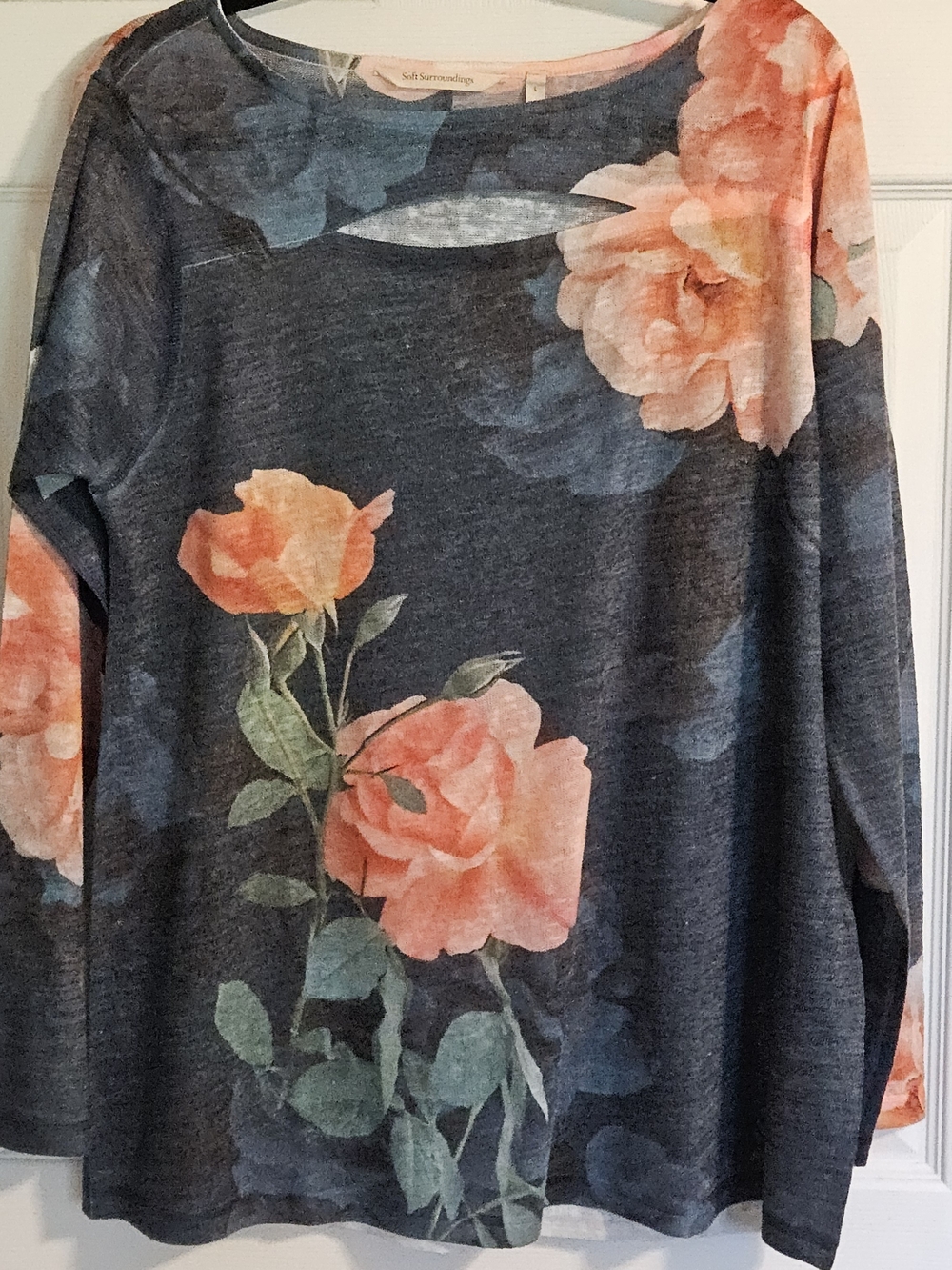 Soft Surroundings Charcoal Long-Sleeve Tunic with Coral Rose Print